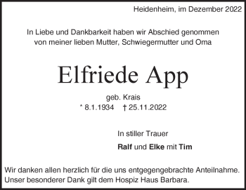 Traueranzeige von Elfriede App von Heidenheimer Zeitung