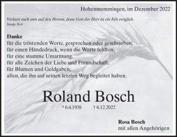 Traueranzeige von Roland Bosch von Heidenheimer Zeitung