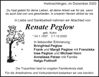 Traueranzeige von Renate Peglow von Heidenheimer Zeitung