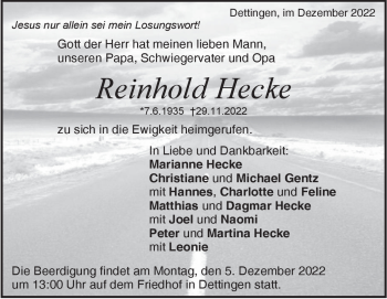 Anzeige Reinhold Hecke