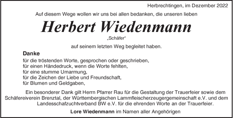  Traueranzeige für Herbert Wiedenmann vom 20.12.2022 aus Heidenheimer Zeitung