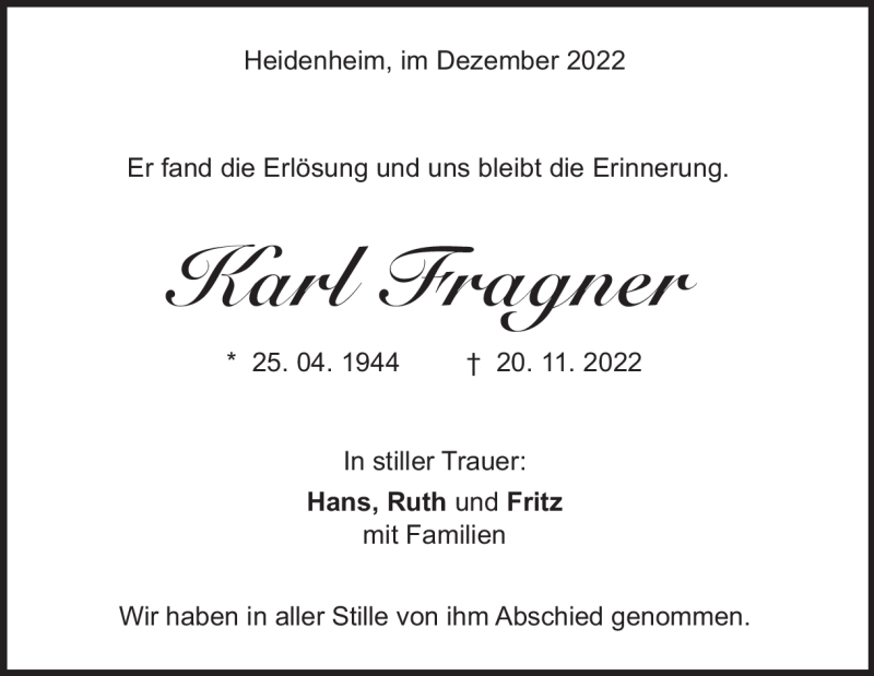  Traueranzeige für Karl Fragner vom 08.12.2022 aus Heidenheimer Zeitung