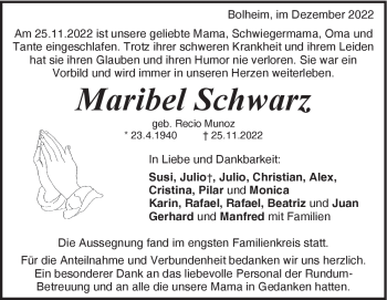 Traueranzeige von Maribel Schwarz von Heidenheimer Zeitung