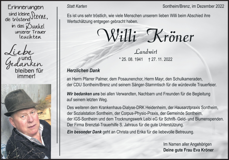  Traueranzeige für Willi Kröner vom 17.12.2022 aus Heidenheimer Zeitung