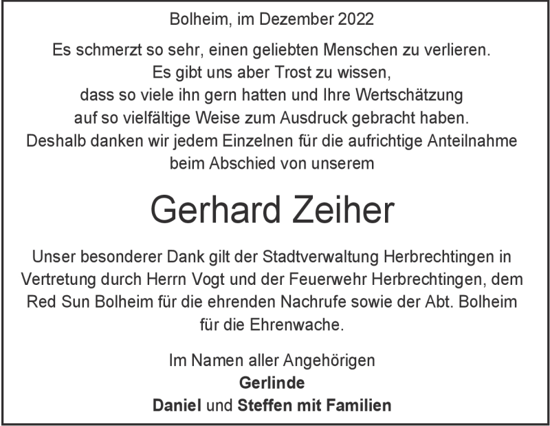  Traueranzeige für Gerhard Zeiher vom 24.12.2022 aus Heidenheimer Zeitung