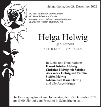 Traueranzeige von Helga Helwig von Heidenheimer Zeitung