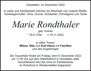 Traueranzeige von Marie Rondthaler von Heidenheimer Zeitung