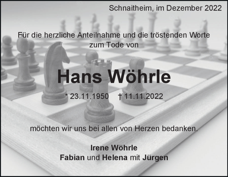  Traueranzeige für Hans  Wöhrle vom 01.12.2022 aus Heidenheimer Zeitung