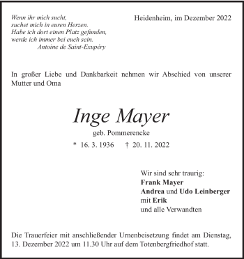 Traueranzeige von Inge Mayer von Heidenheimer Zeitung