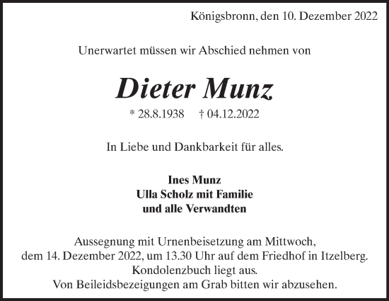 Traueranzeige von Dieter Munz von Heidenheimer Zeitung