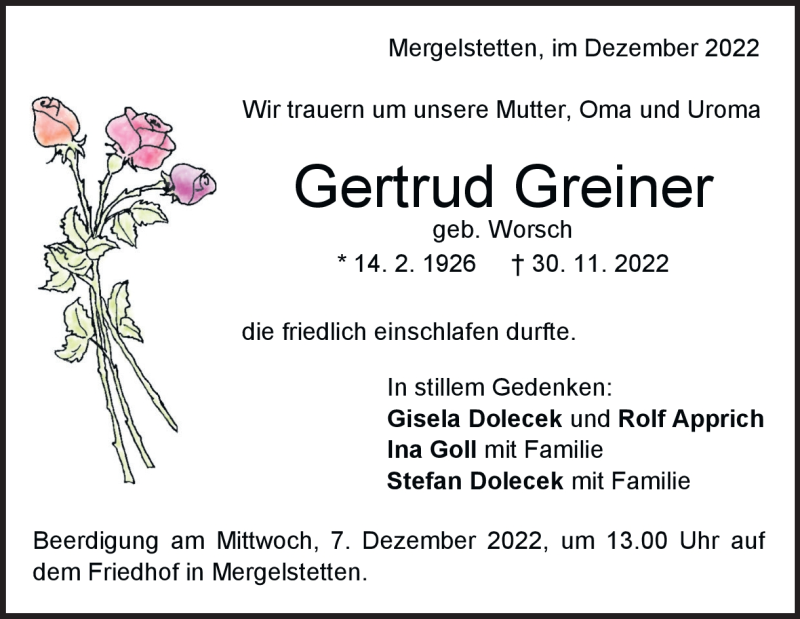 Traueranzeige für Gertrud Greiner vom 03.12.2022 aus Heidenheimer Zeitung