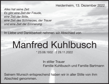 Traueranzeige von Manfred Kuhlbusch von Heidenheimer Zeitung