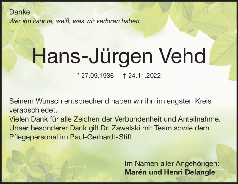  Traueranzeige für Hans-Jürgen Vehd vom 12.12.2022 aus Heidenheimer Zeitung
