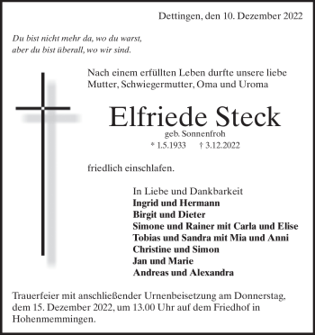 Traueranzeige von Elfriede Steck von Heidenheimer Zeitung