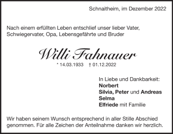 Traueranzeige von Willi Fahnauer von Heidenheimer Zeitung