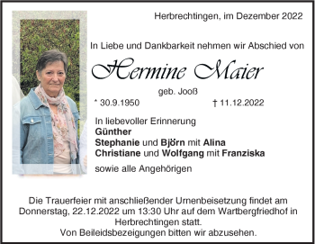 Traueranzeige von Hermine Maier von Heidenheimer Zeitung