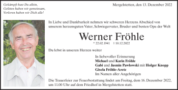 Traueranzeige von Werner Fröhle von Heidenheimer Zeitung