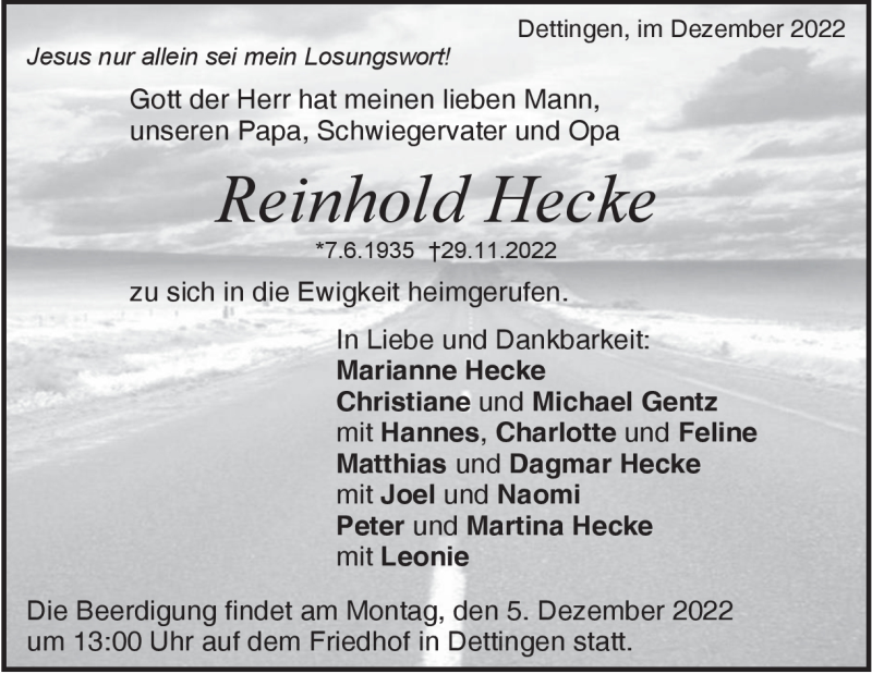  Traueranzeige für Reinhold Hecke vom 01.12.2022 aus Heidenheimer Zeitung