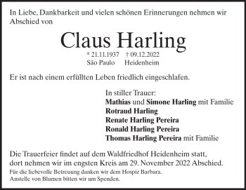 Traueranzeige von Claus Harling von Heidenheimer Zeitung
