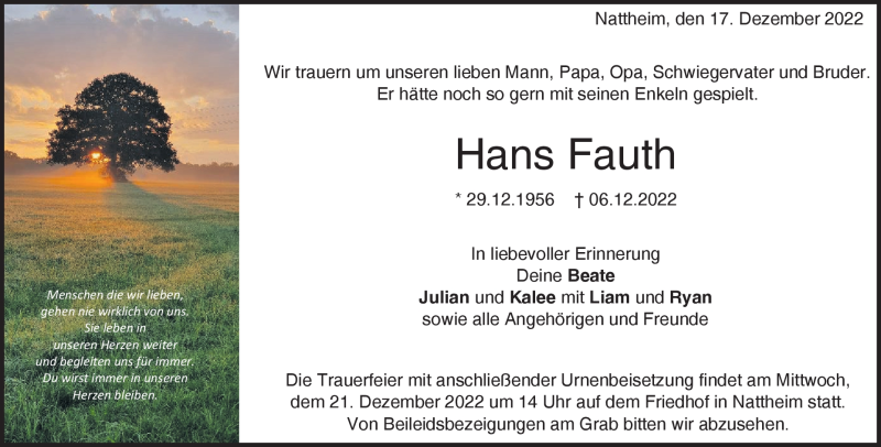  Traueranzeige für Hans Fauth vom 17.12.2022 aus Heidenheimer Zeitung