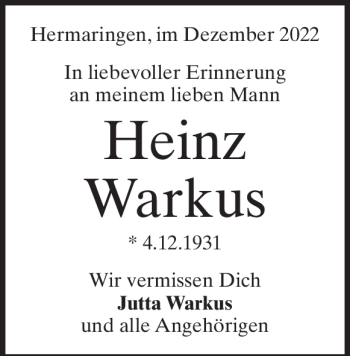 Traueranzeige von Heinz Warkus von Heidenheimer Zeitung