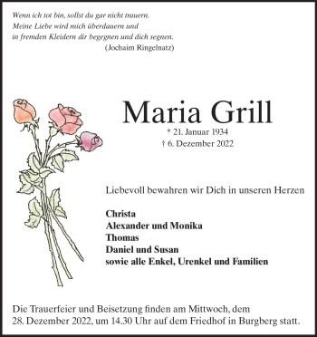 Traueranzeige von Maria Grill von Heidenheimer Zeitung