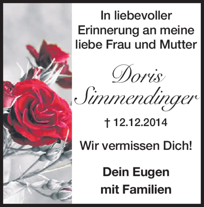  Traueranzeige für Doris Simmendinger vom 12.12.2022 aus Heidenheimer Zeitung