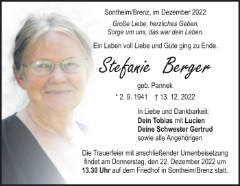 Traueranzeige von Stefanie Berger von Heidenheimer Zeitung