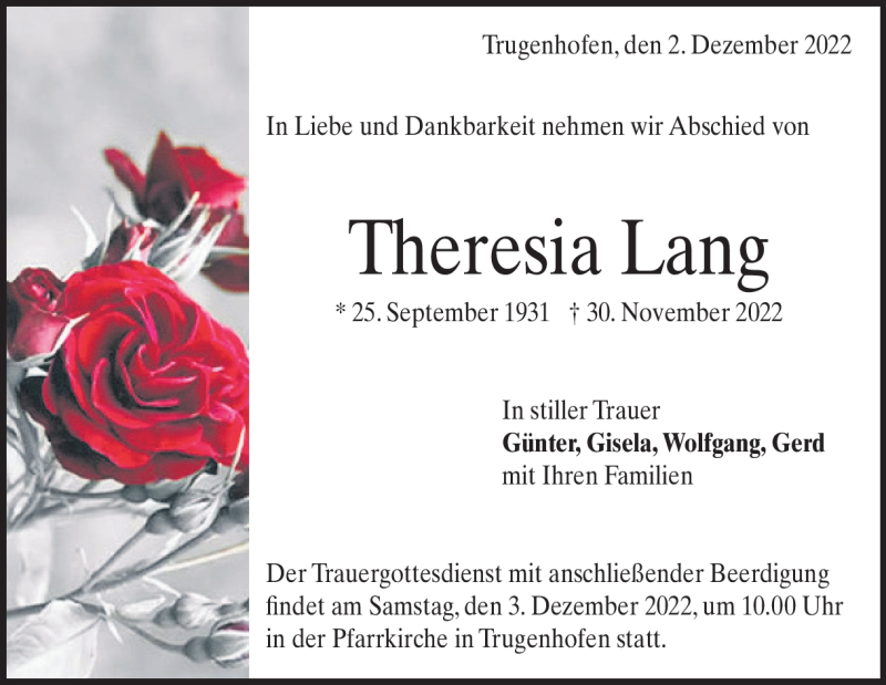  Traueranzeige für Theresia  Lang vom 02.12.2022 aus Heidenheimer Zeitung