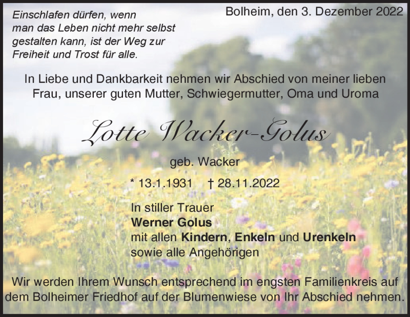  Traueranzeige für Lotte Wacker-Golus vom 03.12.2022 aus Heidenheimer Zeitung