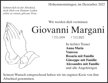 Traueranzeige von Giovanni Margani von Heidenheimer Zeitung