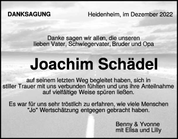 Traueranzeige von Joachim Schädel von Heidenheimer Zeitung