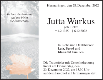 Traueranzeige von Jutta Warkus von Heidenheimer Zeitung