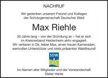 Traueranzeige von Max Riehle von Heidenheimer Zeitung