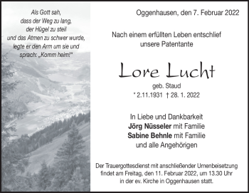 Traueranzeige von Lore Lucht von Heidenheimer Zeitung