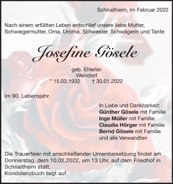 Traueranzeige von Josefine Gösele von Heidenheimer Zeitung