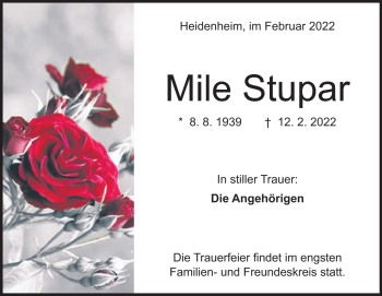 Traueranzeige von Mile Stupar von Heidenheimer Zeitung