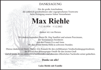 Traueranzeige von Max Riehle von Heidenheimer Zeitung