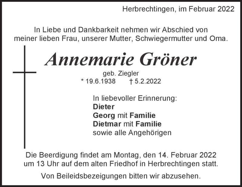  Traueranzeige für Annemarie Gröner vom 11.02.2022 aus Heidenheimer Zeitung