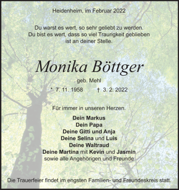 Traueranzeige von Monika Böttger von Heidenheimer Zeitung