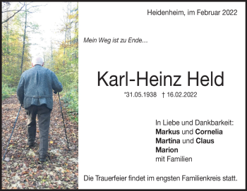 Traueranzeige von Karl-Heinz Held von Heidenheimer Zeitung
