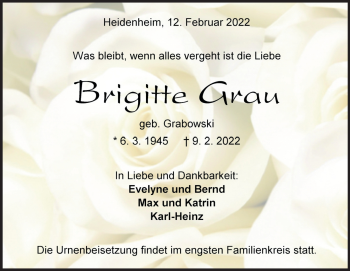 Traueranzeige von Brigitte Grau von Heidenheimer Zeitung