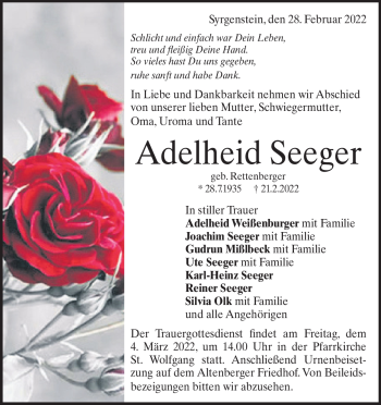 Traueranzeige von Adelheid Seeger von Heidenheimer Zeitung