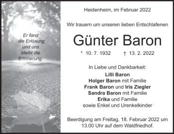 Traueranzeige von Günter Baron von Heidenheimer Zeitung