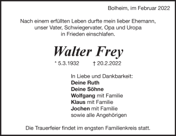 Traueranzeige von Walter Frey von Heidenheimer Zeitung