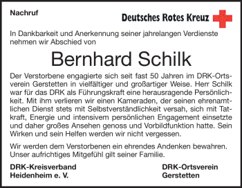 Traueranzeige von Bernhard Schilk von Heidenheimer Zeitung