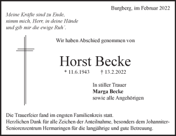 Traueranzeige von Horst Becke von Heidenheimer Zeitung