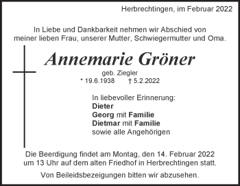 Traueranzeige von Annemarie Gröner von Heidenheimer Zeitung