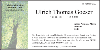 Traueranzeige von Ulrich Thomas Goeser von Heidenheimer Zeitung