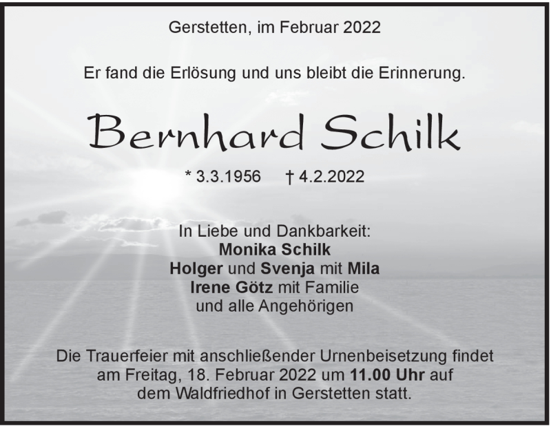 Traueranzeige für Bernhard Schilk vom 16.02.2022 aus Heidenheimer Zeitung